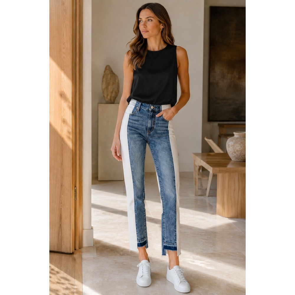 Paige Hoxton Straight Ankle Jeans 24 Two Tone Colorblock Step Hem Raw Hem‎